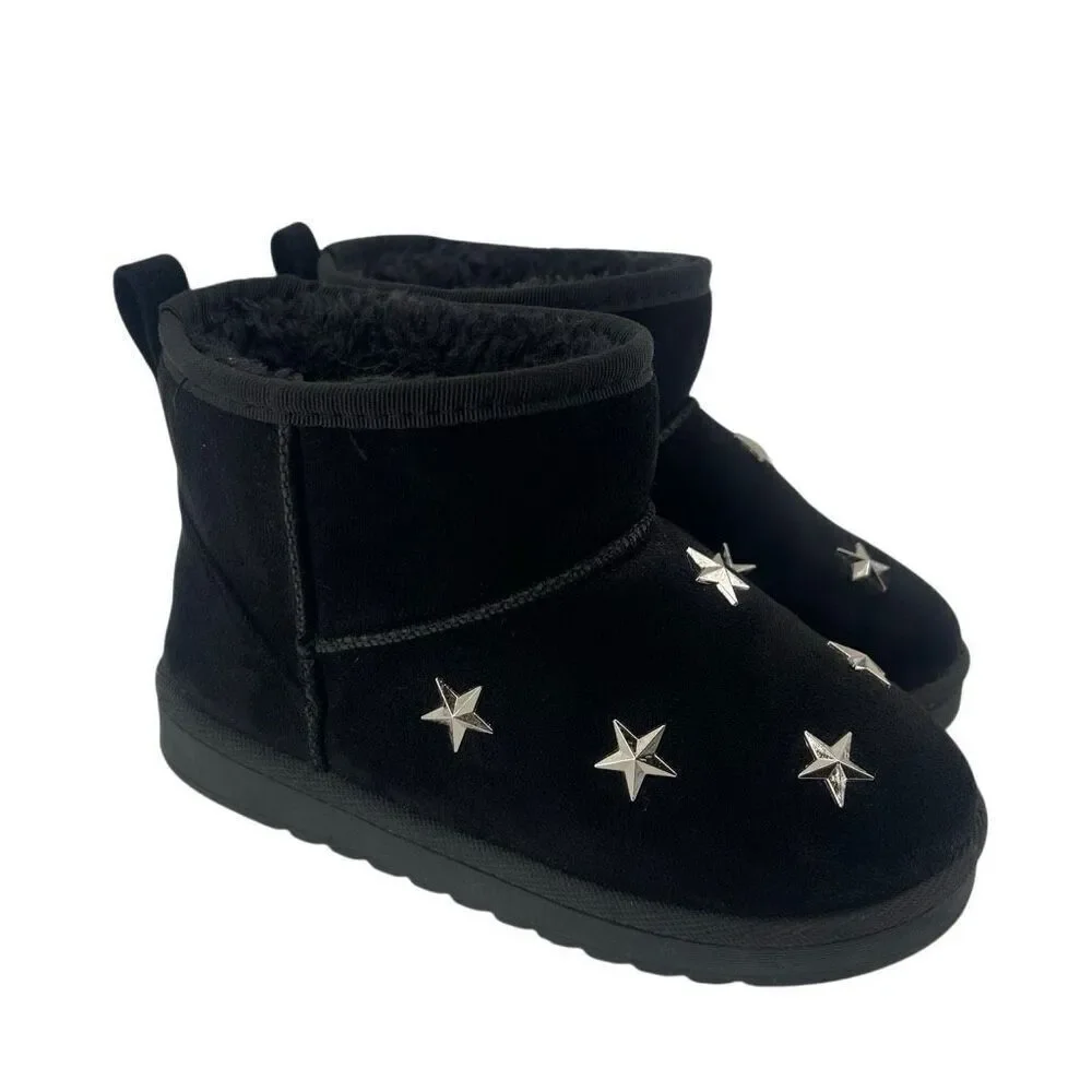 Chulis Girls Black Star Studded Faux Fur Ankle Boots Size 13